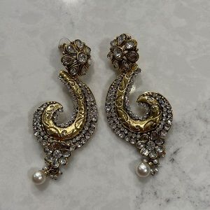 Indian jewelry, long antique gold crystal pearl earrings